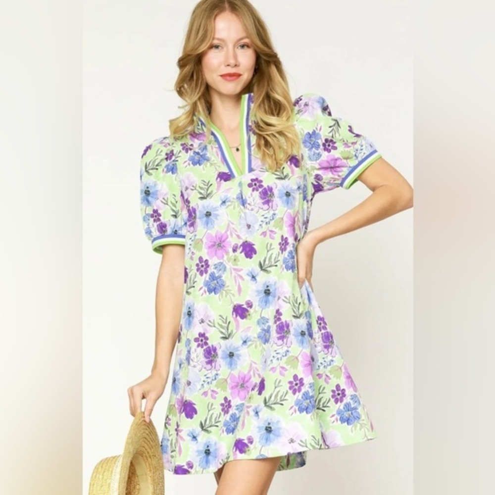 Umgee Floral Print Short Puff Sleeve Mini Dress